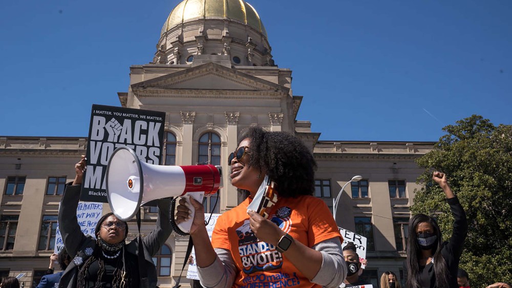 Demonstrators protest outside of the Capitol building in opposition of House Bill 531 on March 8, 2021 in Atlanta, GA.