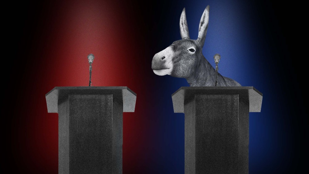 Photo Illustration: A Democrat donkey stands alone on the debate stage