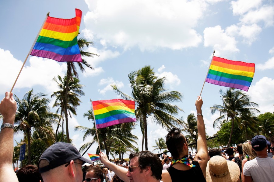 Rainbow flags at the Gay Pride Parade on Ocean Drive