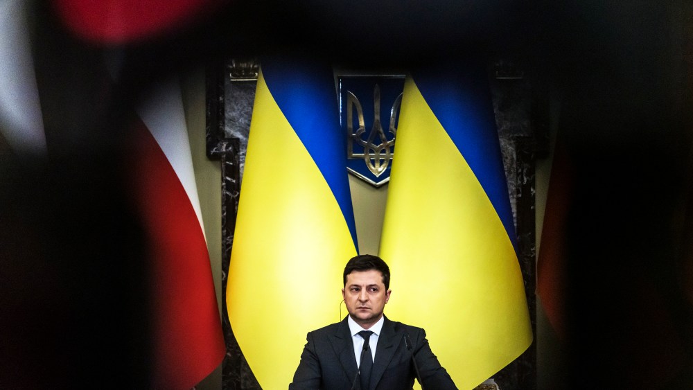 President Volodymyr Zelenskyy of Ukraine listens during a joint news conference with President Andrzej Duda of Poland in Kyiv, Ukraine, on Wednesday, Feb. 23, 2022. (Brendan Hoffman/The New York Times)