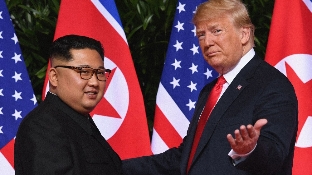 Former president Donald Trump meets with North Korea's leader Kim Jong Un at the start of their historic US-North Korea summit, at the Capella Hotel on Sentosa island in Singapore on June 12, 2018.