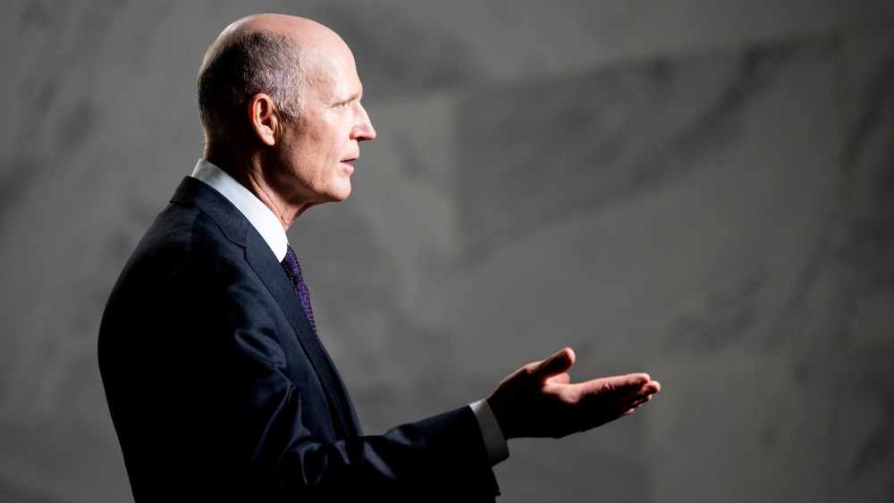 Sen. Rick Scott does a TV news interview in the Hart Senate Office Building on Tuesday, March 8..