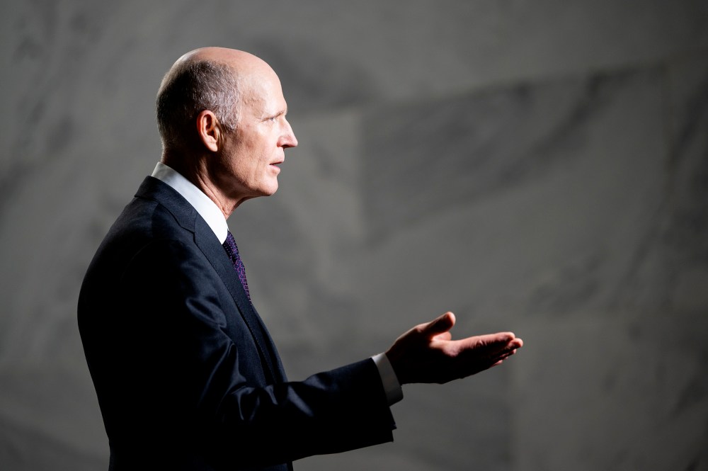 Sen. Rick Scott does a TV news interview in the Hart Senate Office Building on Tuesday, March 8..