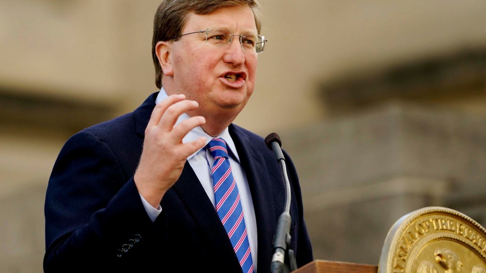 Gov. Tate Reeves outlines his priorities during his State of the State address before a joint session of the Legislature on the steps of the Mississippi State Capitol in Jackson on Jan. 25, 2022.