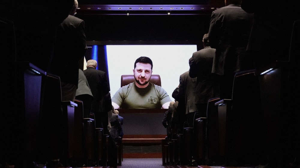 Volodymyr Zelenskyy, Ukraine's president, addressing members of Congress virtually at the U.S. Capitol in Washington, D.C. on Wednesday, March 16.