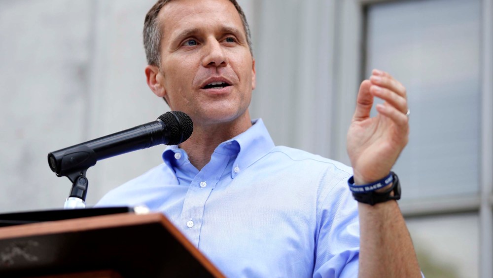 Missouri Gov. Eric Greitens speaks to supporters during a rally on May 23, 2017, outside the state Capitol in Jefferson City, Mo.
