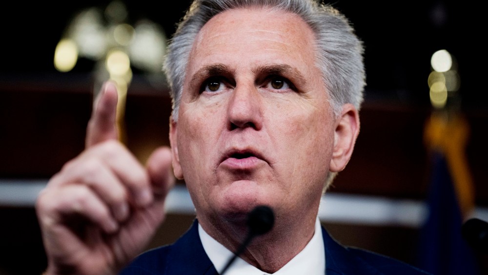 House Minority Leader Kevin McCarthy conducts his weekly news conference in the U.S. Capitol Visitor Center on March 18.