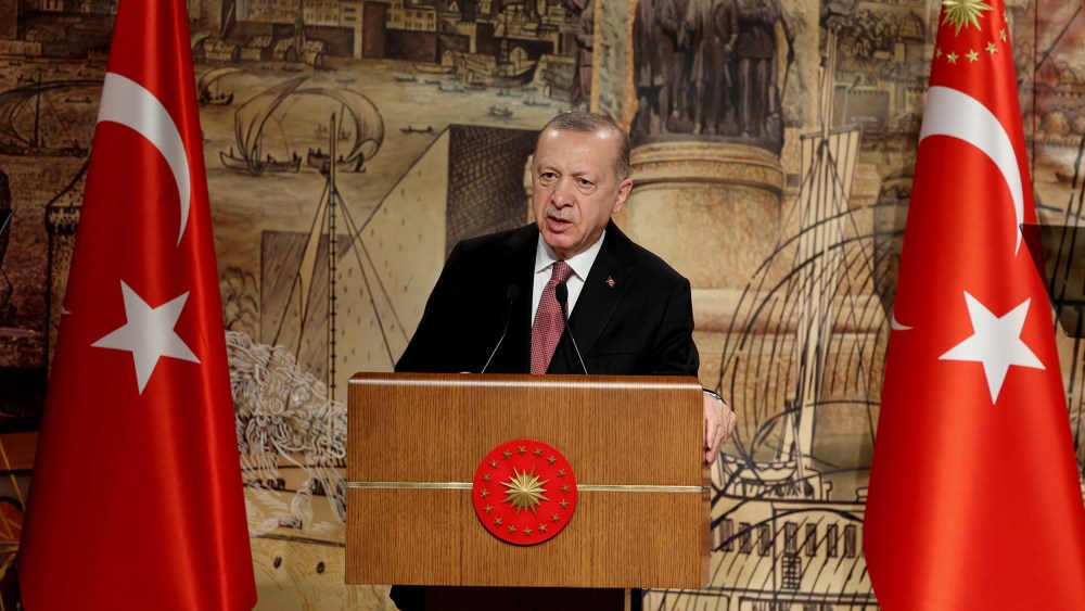 Turkish President Recep Tayyip Erdogan speaks ahead of the peace talks between delegations from Russia and Ukraine at Dolmabahce Presidential Office in Istanbul, Turkey on Tuesday, March 29.