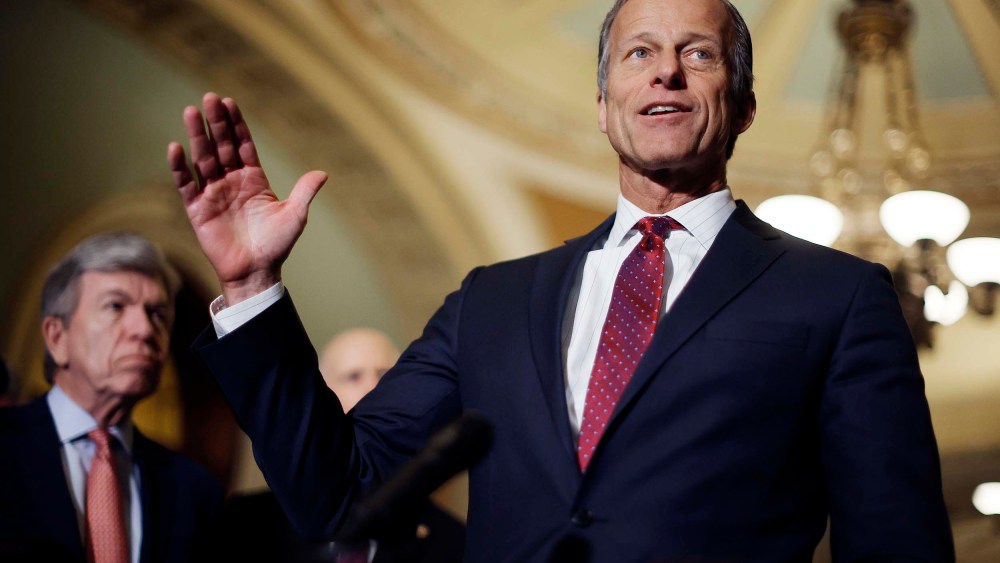 Sen. John Thune talks to reporters with Sen. Roy Blunt at the U.S. Capitol on Tuesday, March 29 in Washington, D.C.