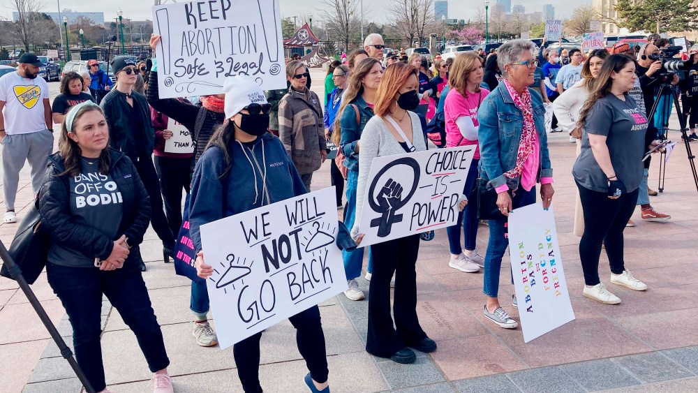 Abortion rights advocates gather outside the Oklahoma Capitol on Tuesday, April 5 in Oklahoma City, to protest several anti-abortion bills being considered by the GOP-led Legislature.