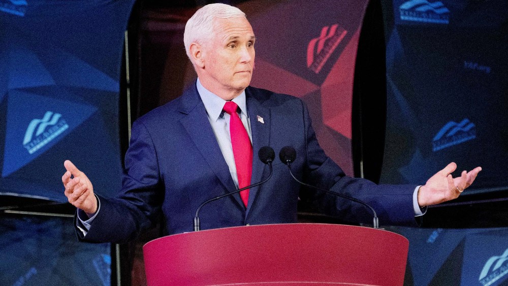 Former Vice President Mike Pence speaks at a campus lecture hosted by Young Americans for Freedom at the University of Virginia in Charlottesville, Va. on April 12.