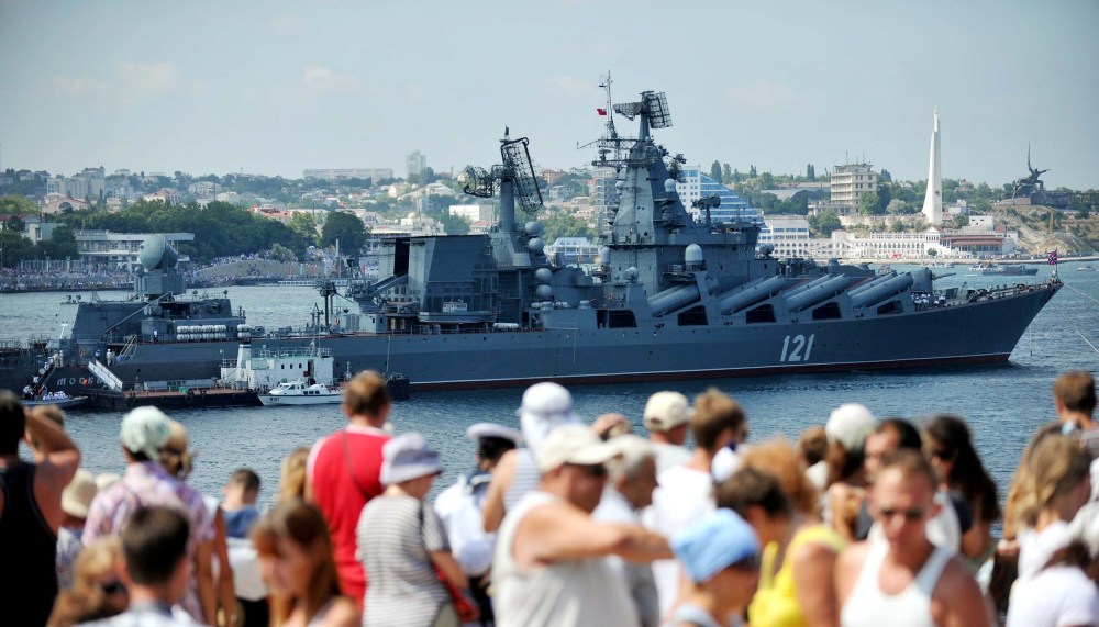 The Moskva guided missile cruiser participates in a Russian military Navy Day parade near an important navy base in the Ukrainian town of Sevastopol on July 31, 2011.