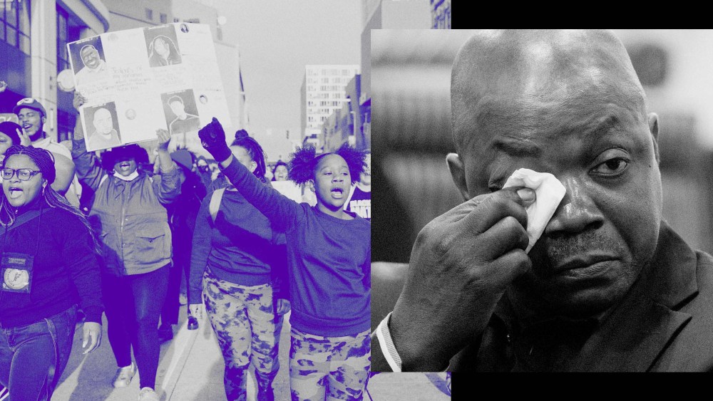 Photo Illustration: Activists protesting the death of Patrick Lyoya, and Lyoya's father