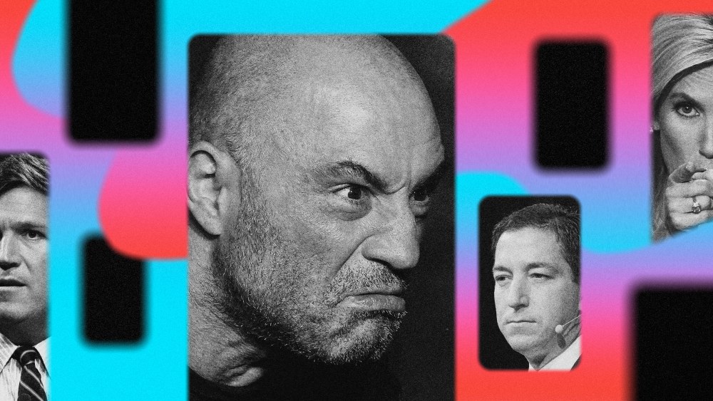 Photo illustration of Tucker Carlson, Joe Rogan, Glenn Greenwald and Laura Ingraham in TikTok rectangles.