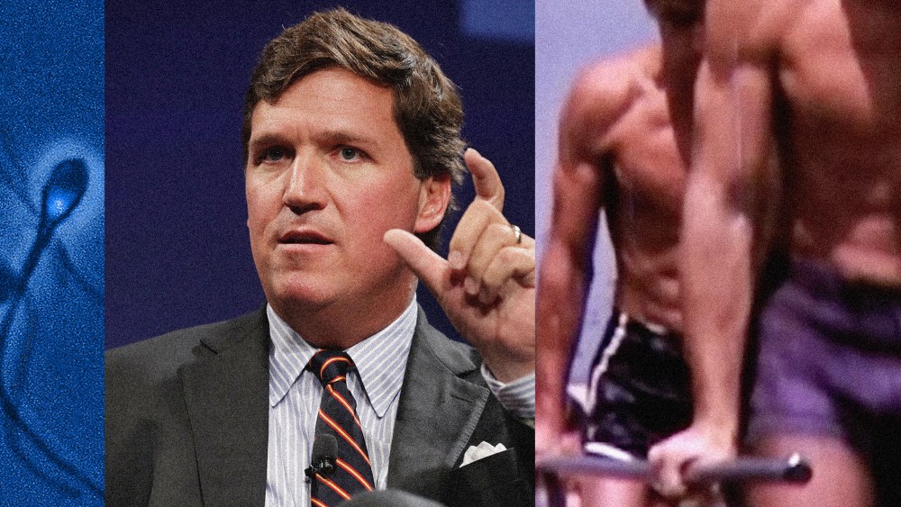 Photo collage: Image of human sperm cells, Tucker Carlson and a screen grab showing two men cycling.