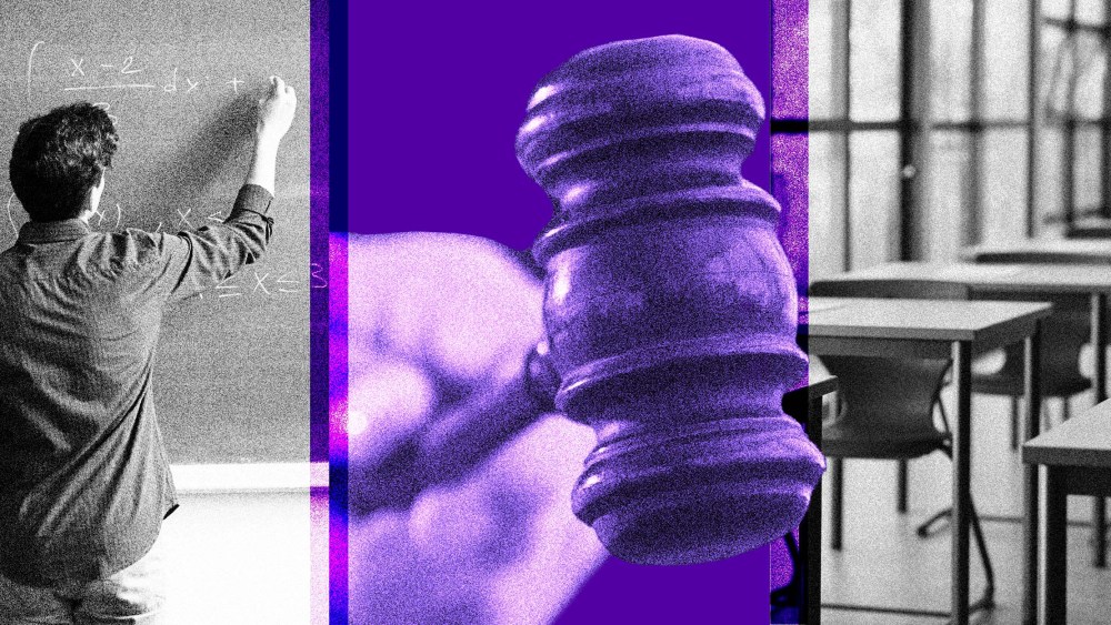 Photo Illustration: A teacher a chalkboard, a judge's gavel, and an empty classroom