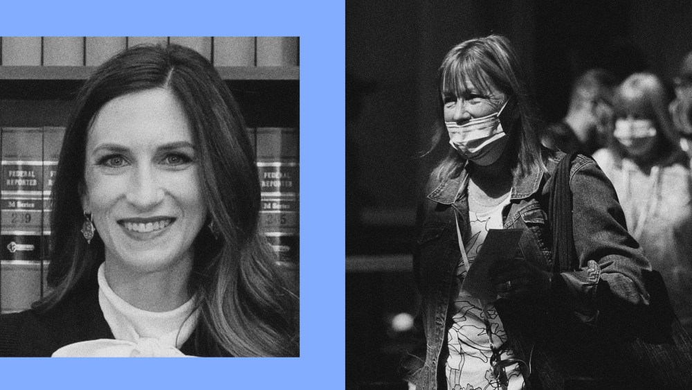 Photo illustration: Image of Judge Kathryn Kimbell Mizelle in a blue frame next to an image of a woman at an airport with the mask partially covering her mouth.