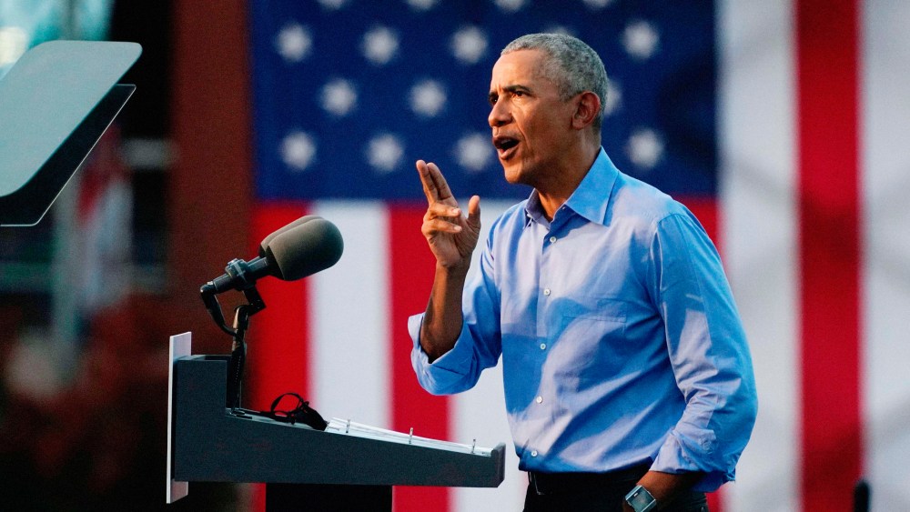 Barack Obama addresses Biden-Harris supporters during a drive-in rally in Philadelphia, Penn. on Oct. 21, 2020.