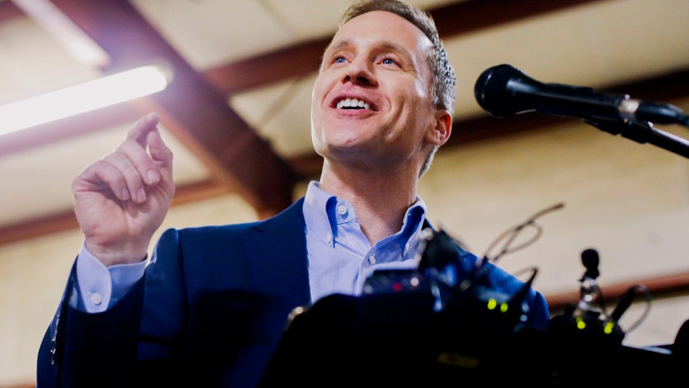 Eric Greitens at a ceremonial signing making Missouri a "right-to-work" state at the abandoned Amelex warehouse on February 2, 2017.