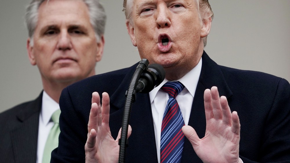 Donald Trump speaks as he joined by House Minority Leader Rep. Kevin McCarthy in the Rose Garden of the White House on January 4, 2019 in Washington, D.C.