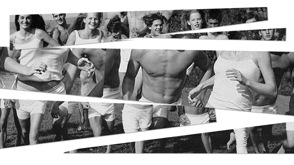Photo illustration: Slices of an image showing male and female models in black and white.