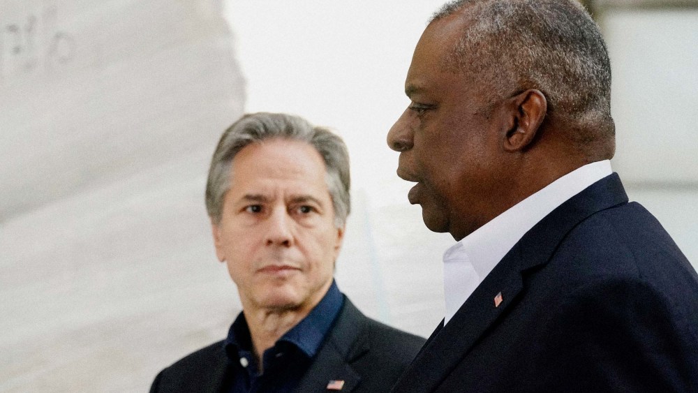 Secretary of Defense Lloyd Austin and Secretary of State Antony Blinken speak with reporters after returning from their trip to Kyiv, Ukraine and meeting with Ukrainian President Volodymyr Zelensky on April 25.