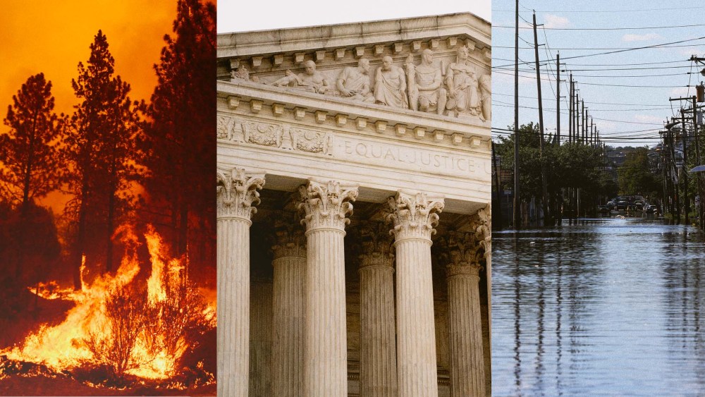 Photo Illustration: Forest fires in California, the U.S. Supreme Court, and flooding in New Jersey after Hurricane Ida