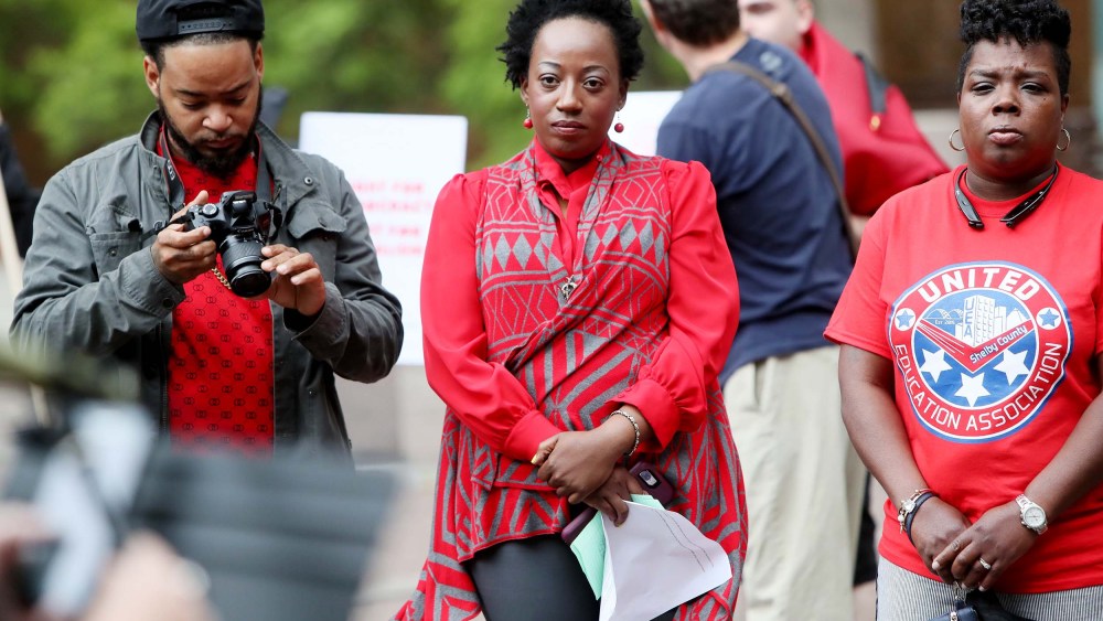 Pamela Moses attends a May Day gathering outside of city hall in downtown Memphis on May 1, 2019.