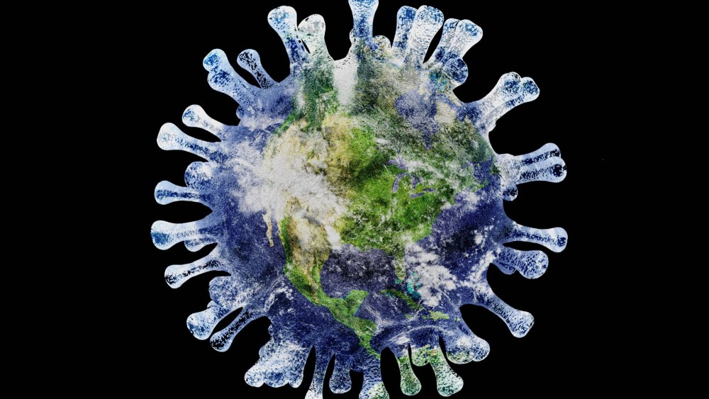 Photo Illustration: Planet Earth superimposed over a COVID-19 spore