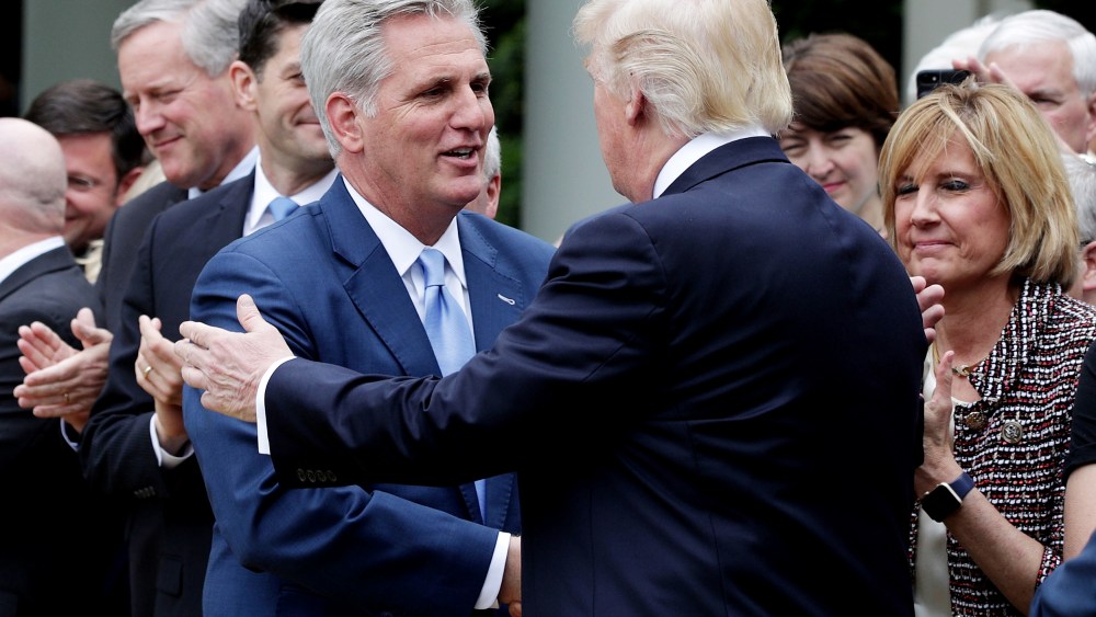 Donald Trump greets Rep. Kevin McCarthy during a Rose Garden event on May 4, 2017 at the White House in Washington, D.C.