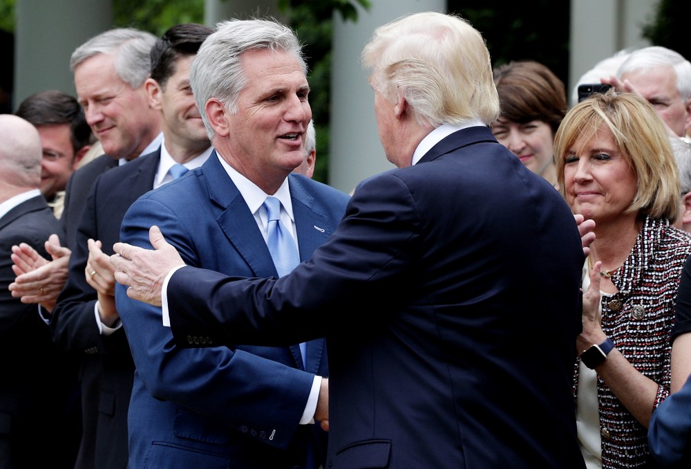 Donald Trump greets Rep. Kevin McCarthy during a Rose Garden event on May 4, 2017 at the White House in Washington, D.C.