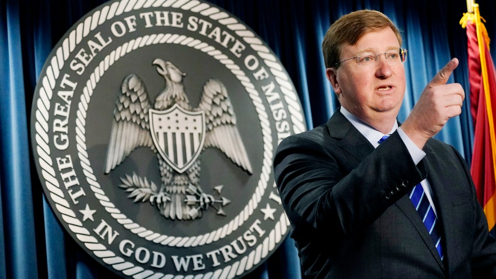 Mississippi governor Tate Reeves addresses reporters on April 28 in Jackson, Miss.