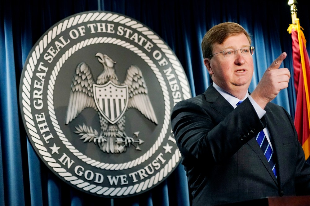 Mississippi governor Tate Reeves addresses reporters on April 28 in Jackson, Miss.