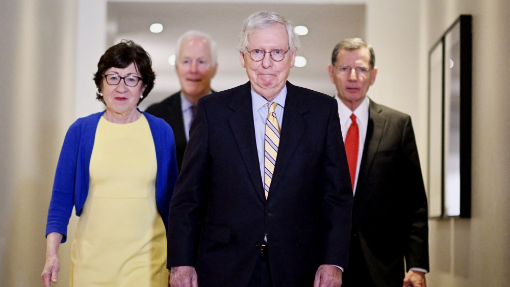 Senators Mitch McConnell, Susan Collins, John Cornyn and John Barrasso met with Swedish media at Grand Hotel in Stockholm after a meeting with Swedish Prime Minister and Minister of Defense on Sunday, May 15.