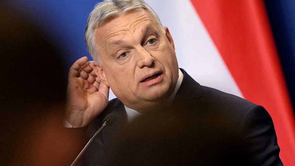 Hungarian Prime Minister Viktor Orban gives his first international press conference after his FIDESZ party won the parliamentary election in the Karmelita monastery housing the prime minister's office in Budapest on April 6.