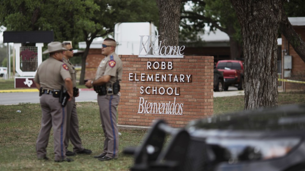 Texas state troopers outside Robb Elementary School in Uvalde, Texas on Tuesday, May 24.