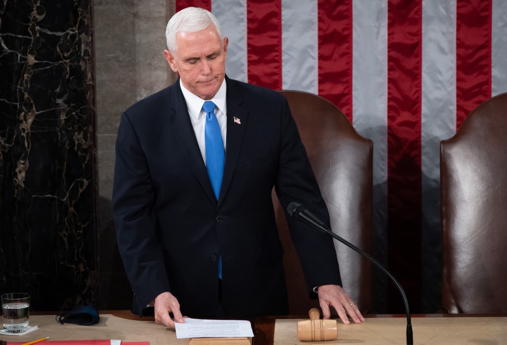 Former Vice President Mike Pence presides over a joint session of Congress on January 6, 2021 in Washington, D.C.