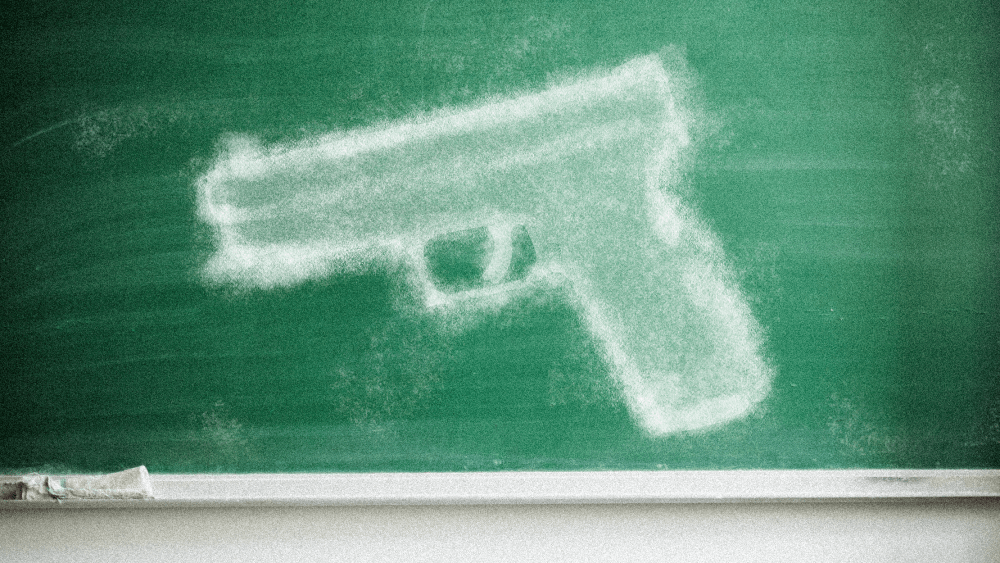 Photo Illustration: A chalk drawing of a handgun on a chalkboard