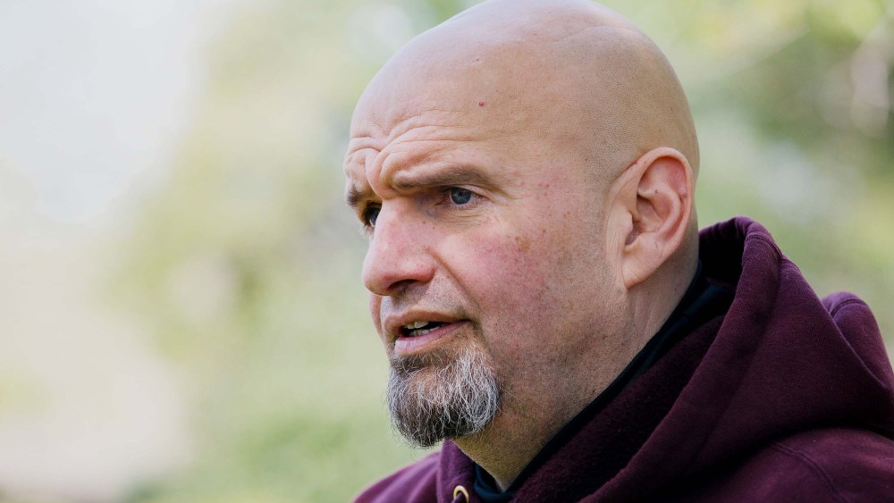 John Fetterman speaks during a campaign event in Lebanon, Penn. on April 30.