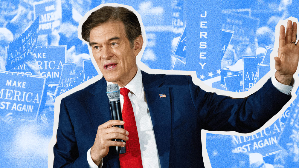 Photo Illustration: Dr. Mehmet Oz in front of a rally of people carrying signs that read "Make American First Again"