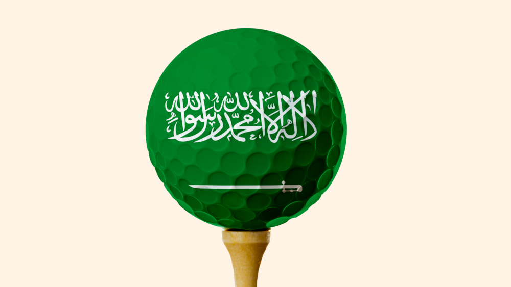 Photo Illustration: A golf ball with the Saudi Arabian flag superimposed on it