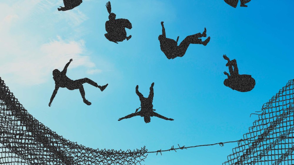 Photo Illustration: People fall through the sky into a broken safety net