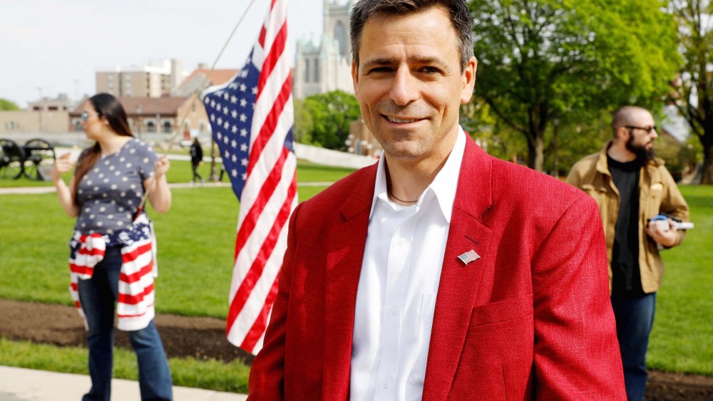 Ryan Kelley attends a Freedom Rally outside the Michigan State Capitol in Lansing