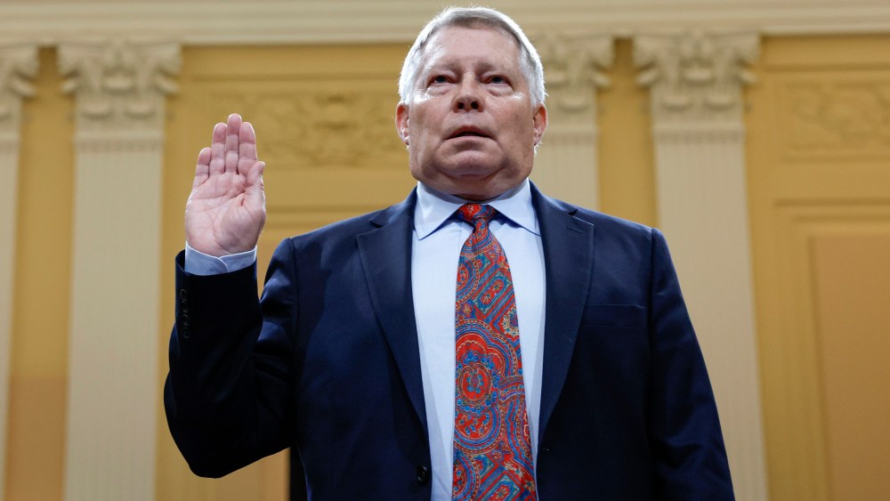 Image: J. Michael Luttig, former Court of Appeals judge for the Fourth Circuit, is sworn-in for testimony before a House Select Committee hearing on the Jan. 6 attack on the Capitol on June 16, 2022.