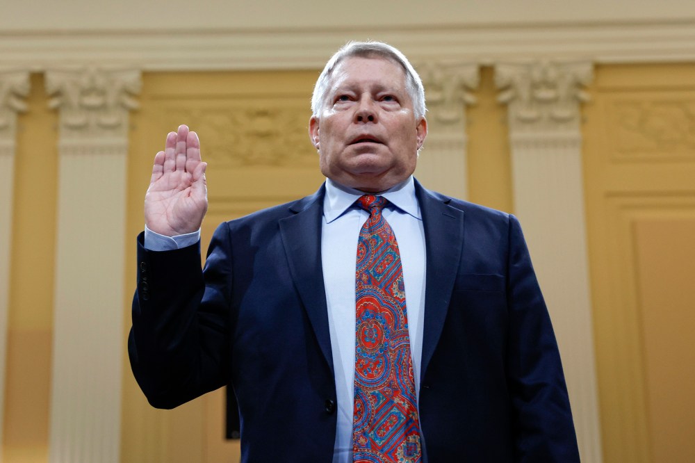 Image: J. Michael Luttig, former Court of Appeals judge for the Fourth Circuit, is sworn-in for testimony before a House Select Committee hearing on the Jan. 6 attack on the Capitol on June 16, 2022.
