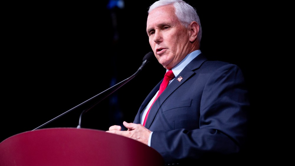 Former Vice President Mike Pence speaks at Stanford University's Dinkelspiel Auditorium on Feb. 17 in Palo Alto, Calif.