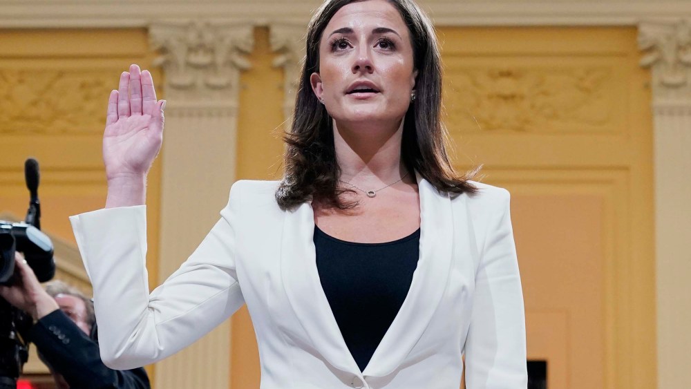 Cassidy Hutchinson, former aide to Trump White House chief of staff Mark Meadows, is sworn in to testify as the House select committee investigating the Jan. 6 attack
