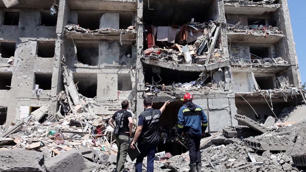 A building hit by a missile strike in the Ukrainian town of Sergiyvka, near Odessa, killing at least 18 people and injuring 30 on Friday.
