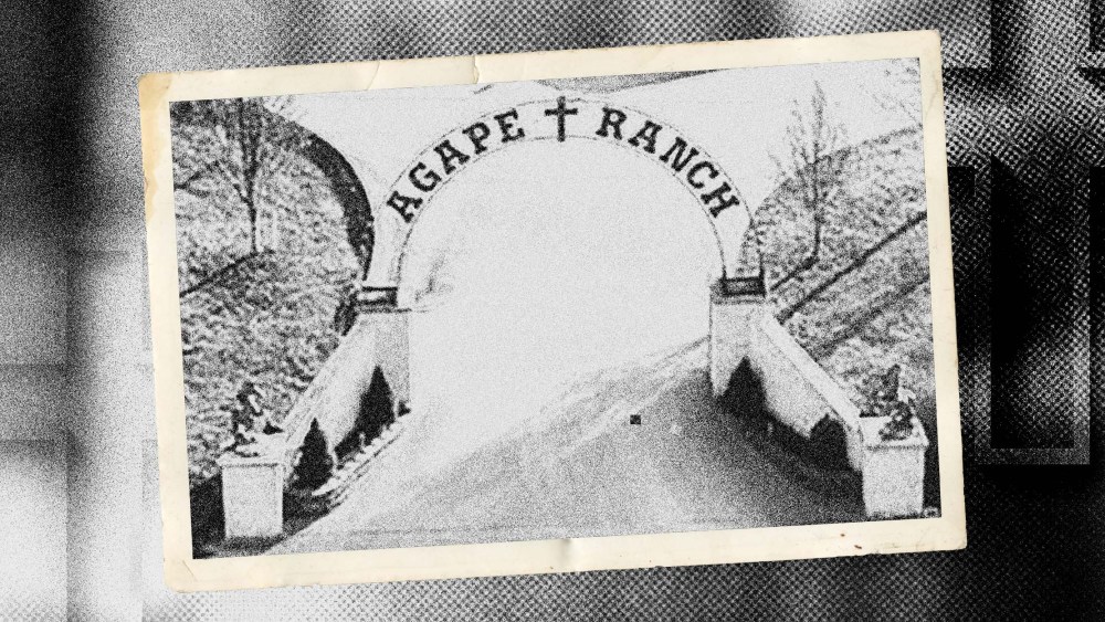 Photo illustration of the entrance to the Agape Ranch and silhouettes of crosses.