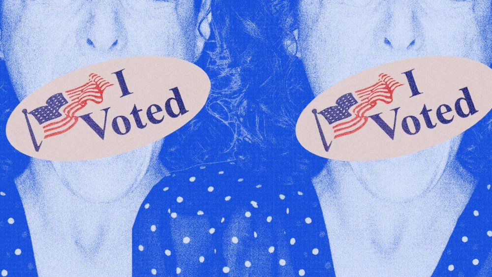 Photo Illustration: A woman's mouth is covered by an "I Voted" sticker